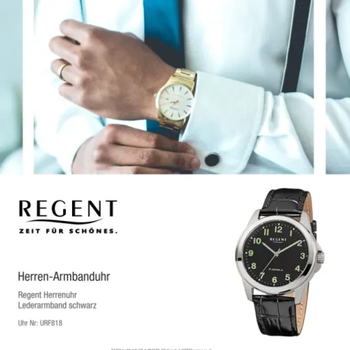 Regent Herren-Armbanduhr F-1392 Handaufzug Leder-Armband schwarz URF818