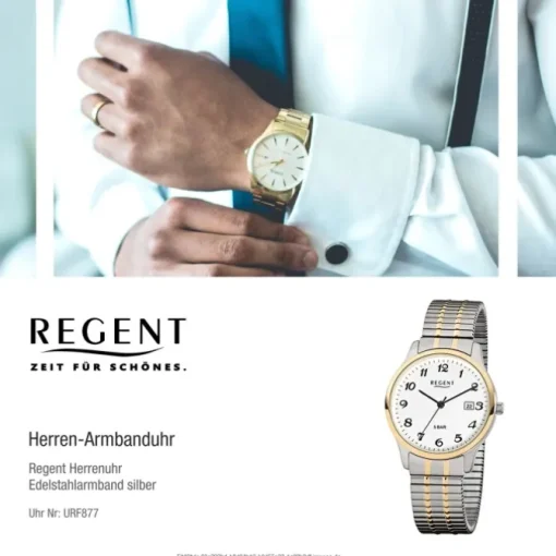 Regent Herren-Armbanduhr F-877 Quarz-Uhr Stahl-Armband silber gold URF877