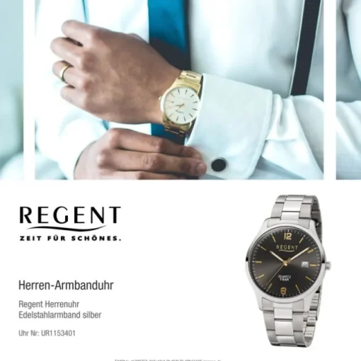 Regent Herren-Armbanduhr F-1177 Quarz-Uhr Edelstahl-Armband silber UR1153401