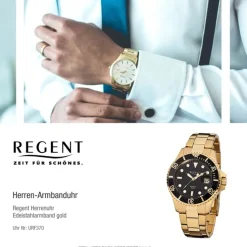 Regent Herren-Armbanduhr F-370 Quarz-Uhr Stahl-Armband gold URF370