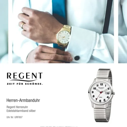 Regent Herren-Armbanduhr F-897 Quarz-Uhr Stahl-Armband silber URF897