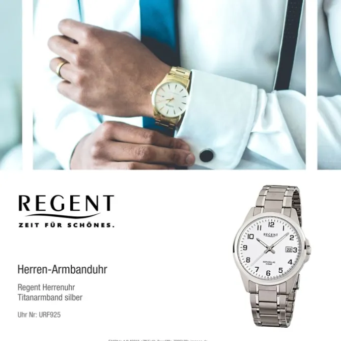 Regent Herren-Armbanduhr F-925 Quarz-Uhr Titan-Armband silber URF925