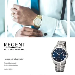 Regent Herren-Armbanduhr 32-F-1111 Quarz-Uhr Titan-Armband silber grau URF1111