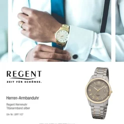 Regent Herren-Armbanduhr 32-F-1107 Quarz-Uhr Titan-Armband silber grau gold URF1 URF1107