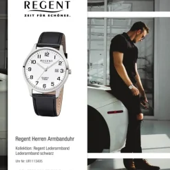 Regent Herren-Armbanduhr F-1241 Quarz-Uhr Leder-Armband schwarz UR1113405