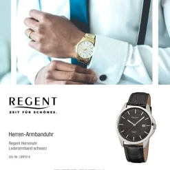 Regent Herren-Armbanduhr F-914 Quarz-Uhr Leder-Armband schwarz URF914