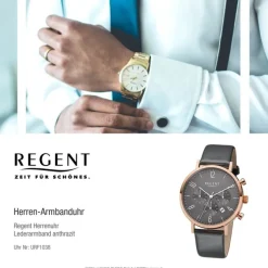 Regent Herren-Armbanduhr F-1038 Leder-Armband grau URF1038