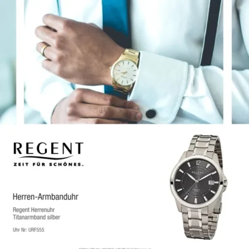 Regent Herren-Armbanduhr F-555 Quarz-Uhr Titan-Armband silber URF555