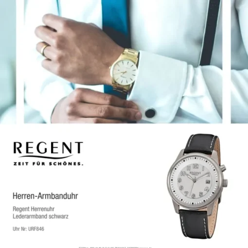 Regent Herren-Armbanduhr 32-F-846 Quarz-Uhr Leder-Armband schwarz URF846