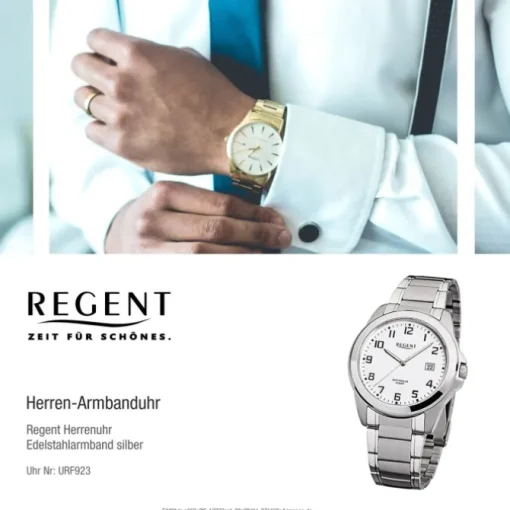 Regent Herren-Armbanduhr F-923 Quarz-Uhr Stahl-Armband silber grau URF923