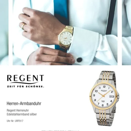 Regent Herren-Armbanduhr F-917 Quarz-Uhr Stahl-Armband silber gold URF917