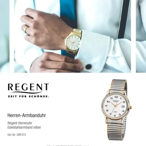 Regent Herren-Armbanduhr F-472 Quarz-Uhr Stahl-Armband silber gold URF472