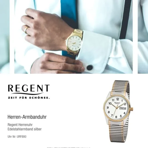 Regent Herren-Armbanduhr F-880 Quarz-Uhr Stahl-Armband silber gold URF880