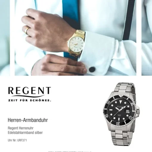 Regent Herren-Armbanduhr F-371 Quarz-Uhr Stahl-Armband silber URF371