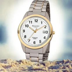 Regent Herren-Armbanduhr Mineralglas Quarz Titan silber grau gold URF430
