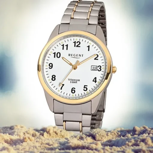 Regent Herren-Armbanduhr Mineralglas Quarz Titan silber grau gold URF430