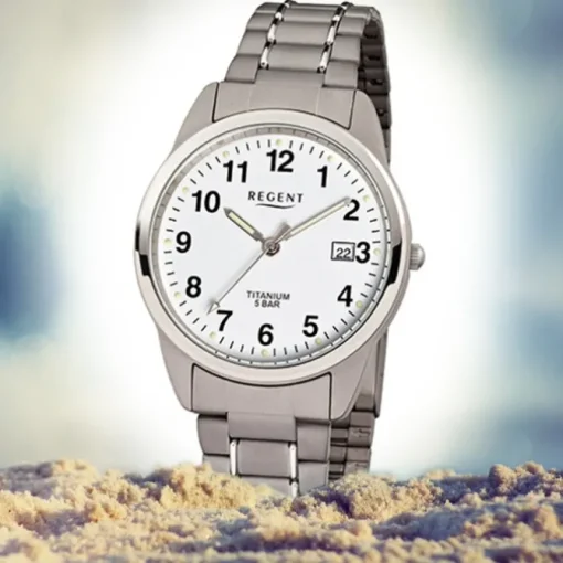 Regent Herren-Armbanduhr Mineralglas Quarz Titan grau silber URF432