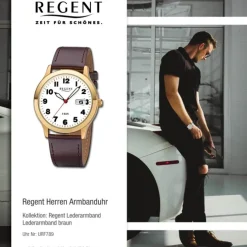 Regent Herren-Armbanduhr Mineralglas Quarz Leder braun URF789