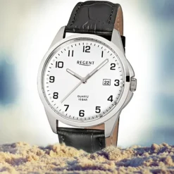 Regent Herren-Armbanduhr Mineralglas Quarz Leder schwarz URF913