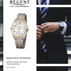 Regent Herren-Armbanduhr Mineralglas Quarz Titan silber grau gold URF430