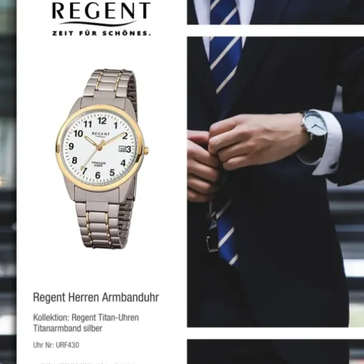 Regent Herren-Armbanduhr Mineralglas Quarz Titan silber grau gold URF430