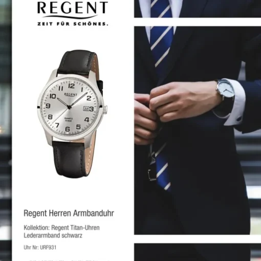 Regent Herren-Armbanduhr Mineralglas Quarz Titan schwarz URF931