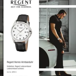 Regent Herren-Armbanduhr Mineralglas Quarz Leder schwarz URF913
