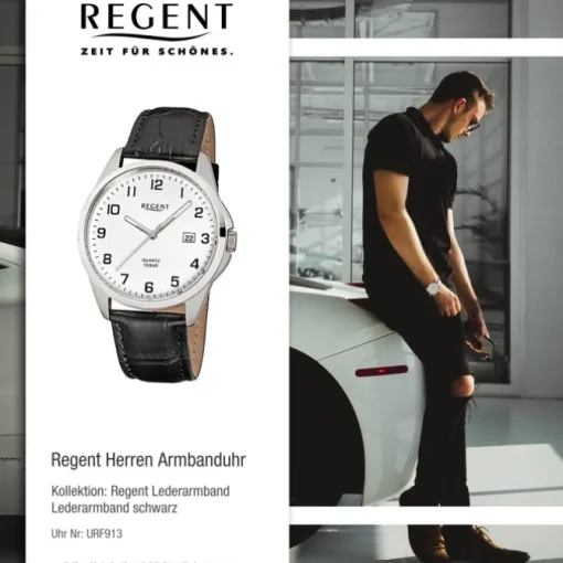 Regent Herren-Armbanduhr Mineralglas Quarz Leder schwarz URF913