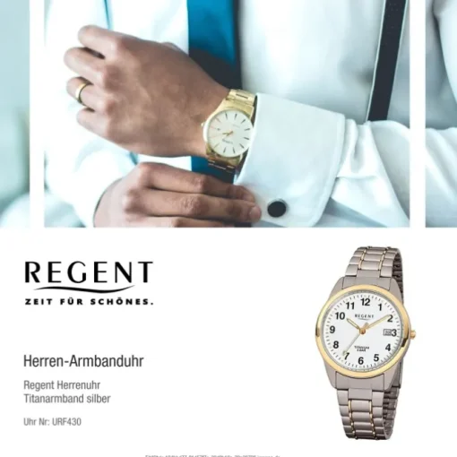Regent Herren-Armbanduhr Mineralglas Quarz Titan silber grau gold URF430