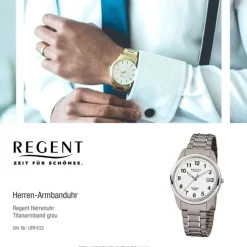 Regent Herren-Armbanduhr Mineralglas Quarz Titan grau silber URF432