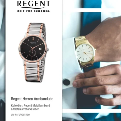 Regent Herren-Armbanduhr Quarz Uhr Edelstahl-Band silber rosegold Uhr URGM1409