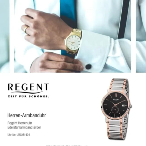 Regent Herren-Armbanduhr Quarz Uhr Edelstahl-Band silber rosegold Uhr URGM1409