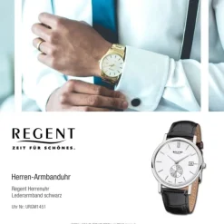 Regent Herren-Armbanduhr Quarz-Uhr Leder-Armband schwarz Uhr URGM1451