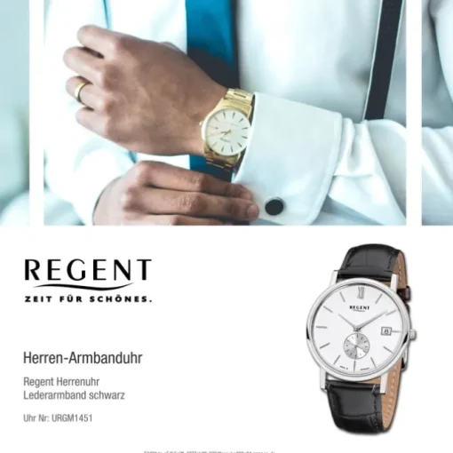 Regent Herren-Armbanduhr Quarz-Uhr Leder-Armband schwarz Uhr URGM1451