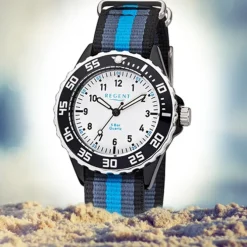 Regent Kinder Armbanduhr Analog F-1204 Quarz-Uhr Textil blau schwarz URBA383