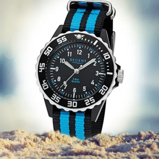 Regent Kinder, Jugend-Armbanduhr 32-F-1126 Quarz-Uhr Textil, Stoff-Armband schwarz blau URF1126