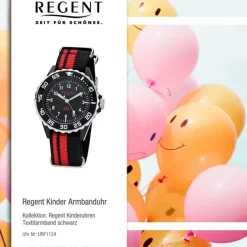Regent Kinder, Jugend-Armbanduhr 32-F-1124 Textil Stoff-Armband schwarz rot URF1 URF1124