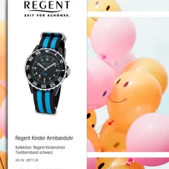 Regent Kinder, Jugend-Armbanduhr 32-F-1126 Quarz-Uhr Textil, Stoff-Armband schwarz blau URF1126