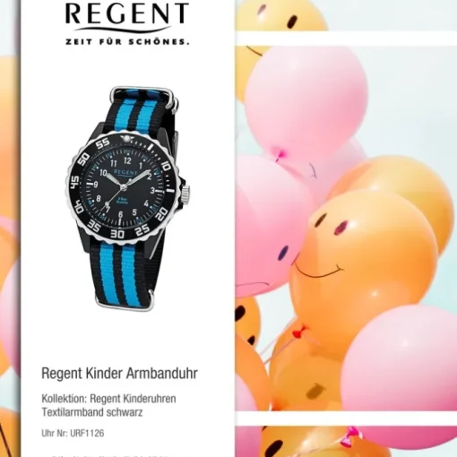 Regent Kinder, Jugend-Armbanduhr 32-F-1126 Quarz-Uhr Textil, Stoff-Armband schwarz blau URF1126