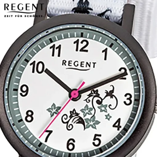 Regent Kinder-Armbanduhr Blumenranke Quarzwerk Textil-Armband weiß URF728