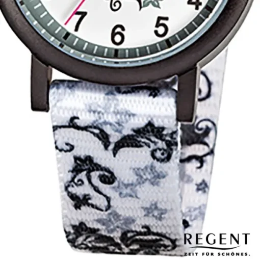 Regent Kinder-Armbanduhr Blumenranke Quarzwerk Textil-Armband weiß URF728