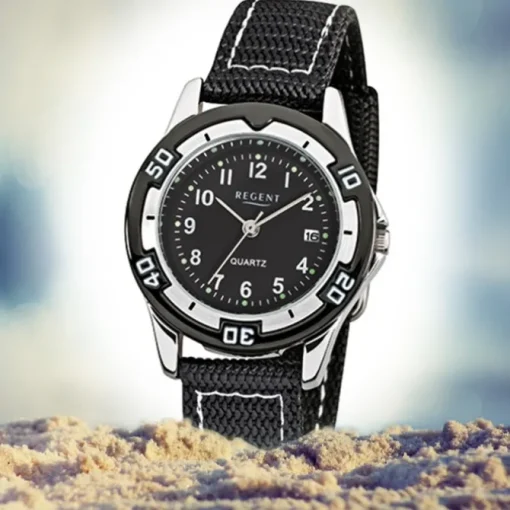 Regent Kinder-Armbanduhr F-317 Quarz-Uhr Textil-Stoff-Armband schwarz URF317