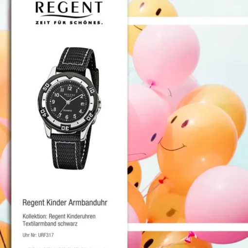 Regent Kinder-Armbanduhr F-317 Quarz-Uhr Textil-Stoff-Armband schwarz URF317
