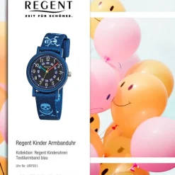 Regent Kinder-Armbanduhr Pirat Mineralglas Quarz Textil blau URF951
