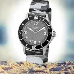 Regent Kinder-Armbanduhr Quarz Textil grau schwarz Jungen Uhr URF941