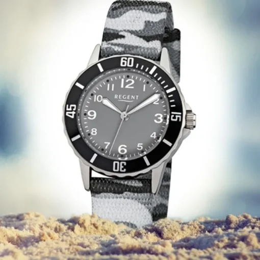 Regent Kinder-Armbanduhr Quarz Textil grau schwarz Jungen Uhr URF941