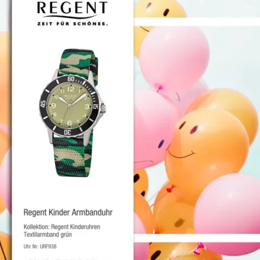 Regent Kinder-Uhr - Kinderuhren - Quarz Textil grün, schwarz, beige URF938