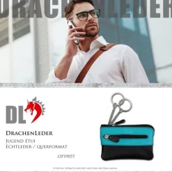 Schlüsseltasche Leder schwarz, türkis Etui Mini- DrachenLeder OPS905T