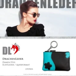 Schlüsseltasche Leder schwarz, türkis Schlüsseletui DrachenLeder OPS903S