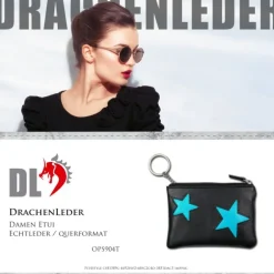 Schlüsseltasche Leder schwarz, türkis Schlüsseletui DrachenLeder OPS904T